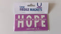 A purple and white fridge magnet in its retail packaging, featuring the word 'HOPE' and scripture text from Lamentations 3:22-24. The packaging header reads 'Large FRIDGE MAGNETS' with a purple 'U' logo.
